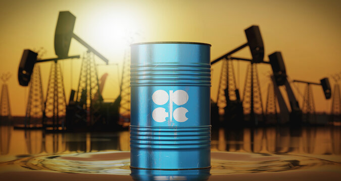 OPEC - oil barrel with national flag, extraction wells in background - 3D illustration