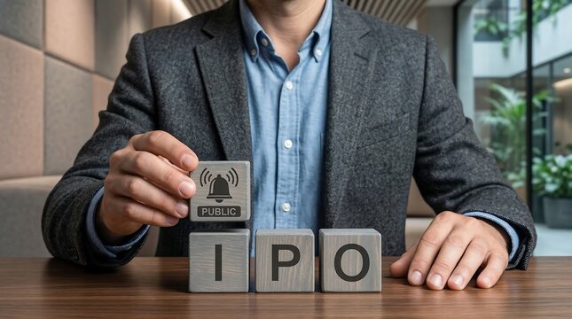 Man in gray blazer holding wooden block with public symbol above i p o blocks on table