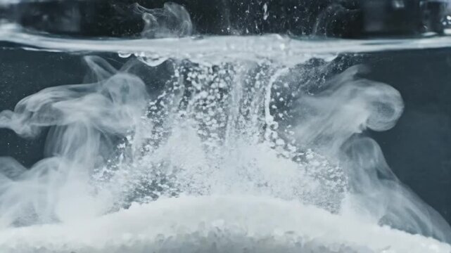 Close-up of white crystals dissolving in clear water producing a misty cloud effect in slow motion