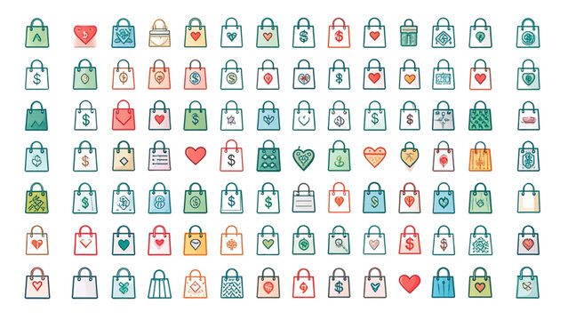  Collection of linear shopping bag icons, various retail and commerce symbols with heart, money, and pattern designs, purchase and sale concept