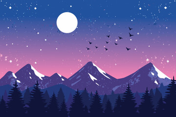 Snow-capped mountains under starry twilight sky with moon and flying birds digital illustration © MAYENUDDIN