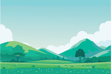 Obraz premium Stylized Green Rolling Hills Landscape with Trees and Clouds Bright Daytime Sky