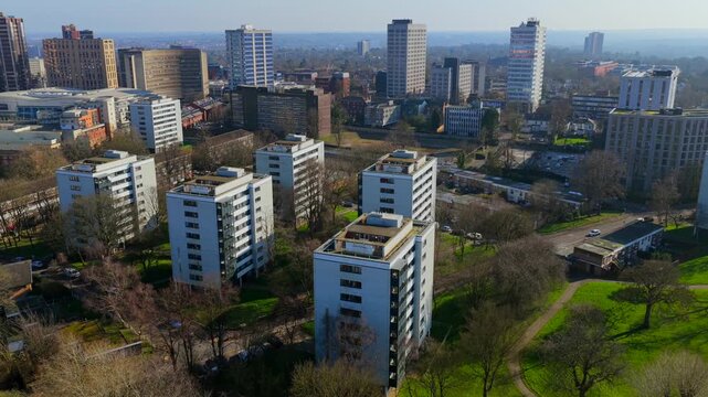 Aerial view of Chamberlain Gardens and Ladywood residential area in Birmingham UK. 