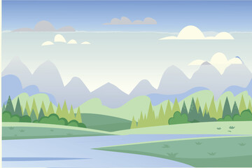 Obraz premium Stylized River Landscape with Mountains and Clouds Flat Design Nature Background