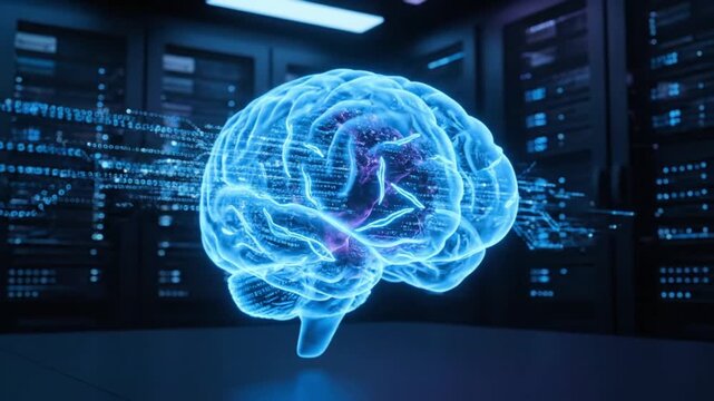 Glowing blue brain neural network visualization representing artificial intelligence innovation and futuristic technology for corporate presentations and business communication