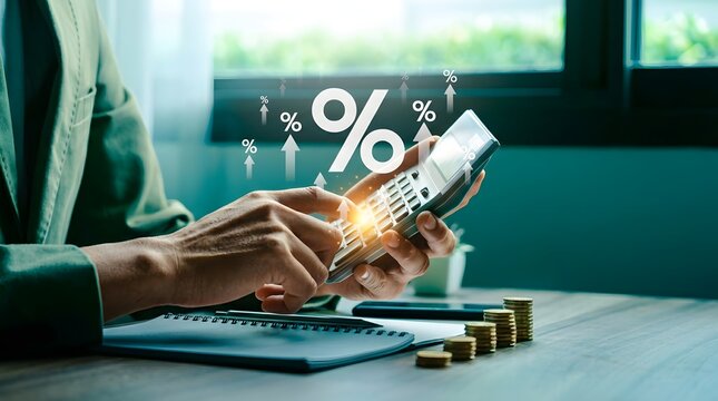 Business professional analyzing financial growth with rising interest rates and calculator on desk