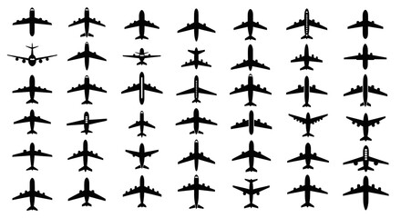 Set of diverse black airplane silhouettes on white background © Basecamp