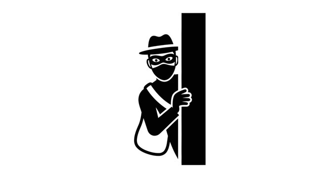 Thief Hiding Behind Corner, Wearing Mask and Hat, Stealthy Intruder Concept