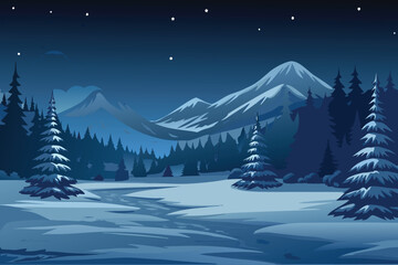 Winter Night Landscape with Snow-Covered Mountains and Fir Trees Under Starry Sky © MAYENUDDIN