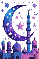 Obraz premium Islamic mosque crescent moon stars night sky Ramadan Eid illustration
