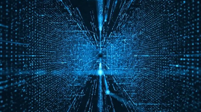 Abstract blue digital data stream background with glowing lines and dots representing big data or network