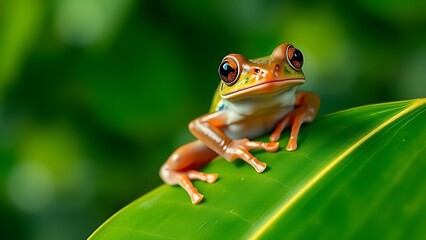 Obraz premium Tree frog perched on tropical leaf, wildlife in natural habitat.