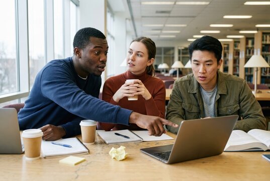 Diverse college students studying together using laptop in library