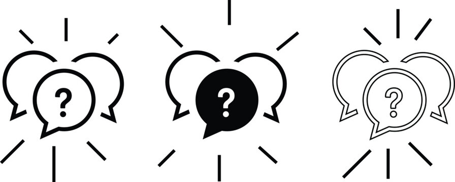 Three speech bubbles with question marks and thought loops