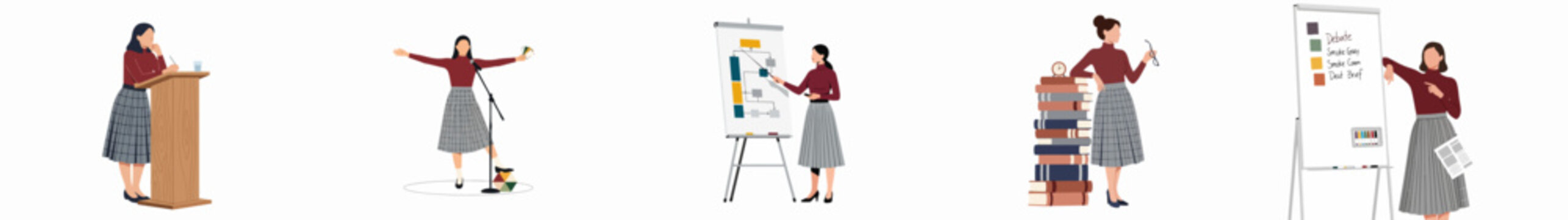 Flat vector illustration set of a professional woman lecturing, singing, presenting with charts, studying by books, and debating by a whiteboard.