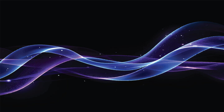 A dynamic blue fractal smoke pattern creates a glowing neon wave of motion and light, featuring curved lines and an energy flow as an artistic abstract backdrop on a black texture