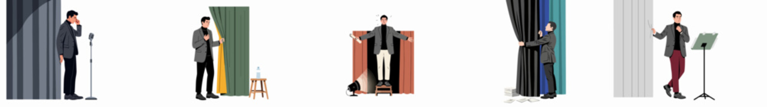 Set of illustrations depicting a man's various emotional states and stages of performing, from stage fright to stepping into the spotlight.