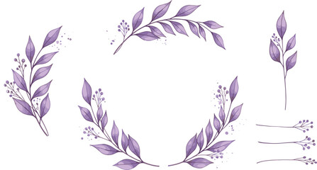 Purple watercolor floral wreath and botanical branches vector set with delicate leaves and flowers for elegant wedding designs © MdAbuSayed