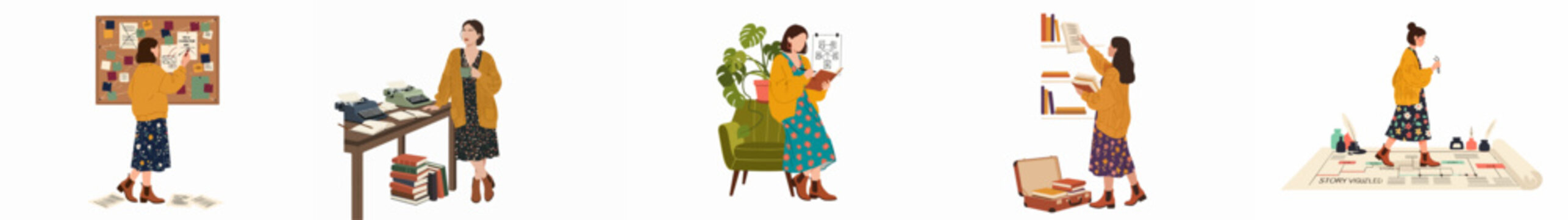 A series of illustrations depicting a female author engaged in various stages of the creative writing process, from character development to story visualization.