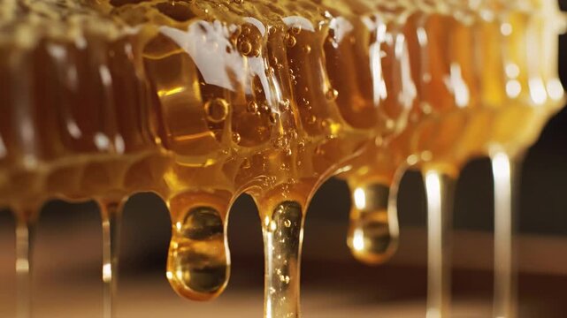 Golden honeycomb dripping closeup: capturing the mesmerizing flow of natural honey