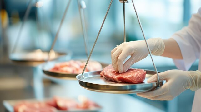 A butcher carefully weighs fresh raw meat on a stainless scale using gloves. Precision and hygiene ensure quality in this professional food preparation setting.