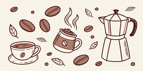 A whimsical illustration of coffee beans, cups, and a coffee maker in a playful arrangement