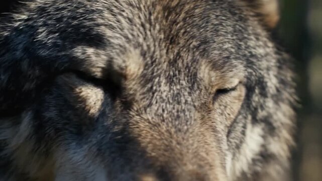 Close up portrait of a wild wolf looking directly at the camera and blinking