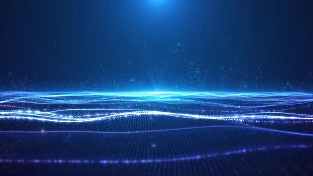 Blue ocean particle wave, digital wave particles flow virtual reality abstract cyber space environment background, blue ocean wave particles flow in space, modern and tech style with move over wave.
