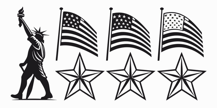 Statue of liberty saluting with four american flags and stars illustration