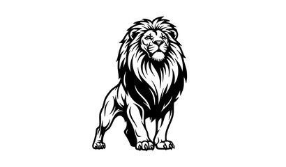Majestic black and white lion vector illustration in victorious standing pose with detailed mane line art © Md Humaun