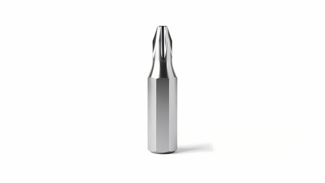 A shiny metal screwdriver tip stands upright on a clean surface indoors
