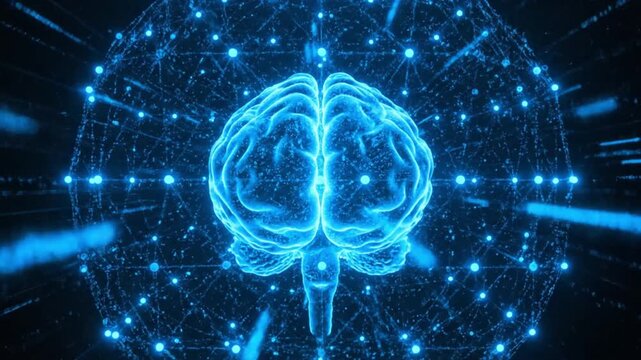 AI artificial intelligence digital illustration of a glowing blue human brain with neural network nodes and digital grid for technology presentation and science banner design