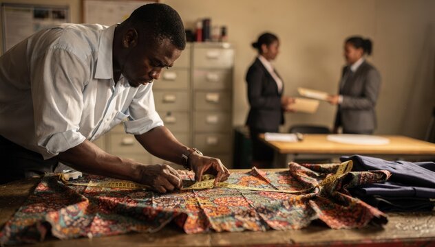 Medium shot of a tailor measuring fabric with a microfinance officer in the background handing over a loan envelope keeping the tailor in crisp focus against a muted office