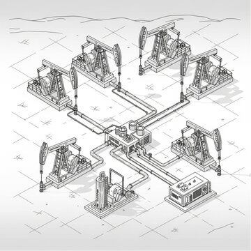 Isometric illustration of an oil field with multiple pumpjacks connected by pipelines to a central processing unit.