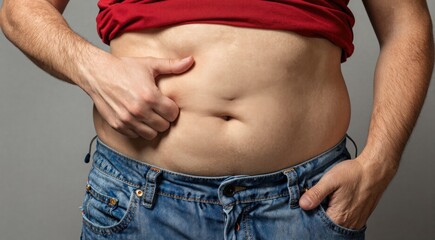 Naklejka premium Man pinching fat on his belly. Overweight guy holding skin fold on abdomen. Concept of body weight control, obesity, diet, health awareness, fitness progress, and unhealthy lifestyle.