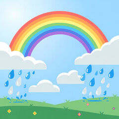 Fototapeta premium Bright and colorful rainbow with gentle rain falling from fluffy white clouds onto vibrant green grass under a clear blue sky, illustrating a fresh spring day