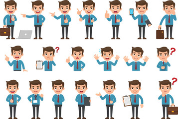 Set of 21 Cartoon Businessman Character Poses Vector Illustration for Business Concepts, Presentations, and Marketing Materials, Featuring Various Gestures and Emotions