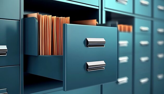Rows of filing cabinets with open drawers, filled with folders and documents for organization