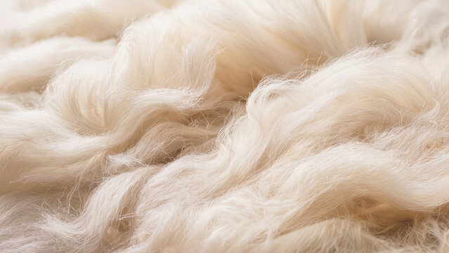 Close-up of natural wool or flax fibers with soft texture. Organic material background. Suitable for banner, textile article, sustainable fashion concept.
