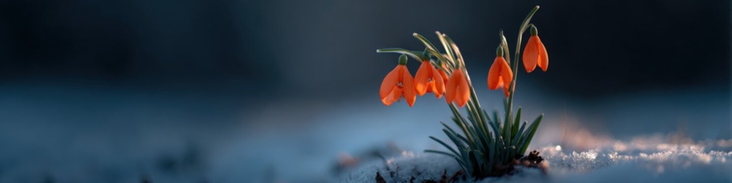 Orange bellflower cluster poking through melting snow at sunrise with cool blue background and warm highlights