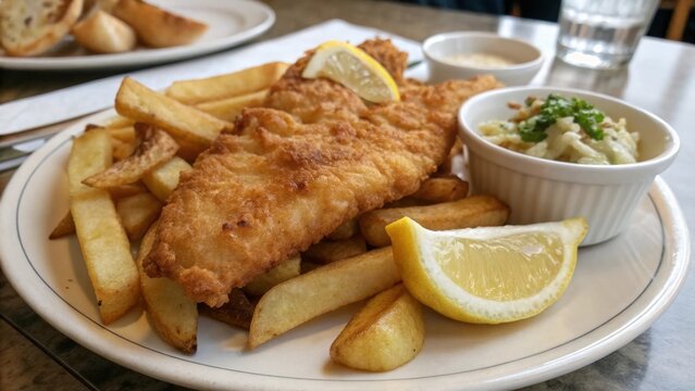 Golden Fish and Chips with Lemon Wedges on Plate