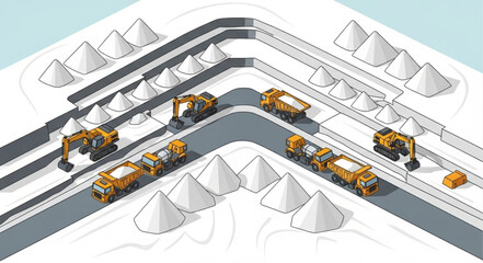 Isometric winter road construction with excavators and dump trucks working on a snowy landscape. © Why