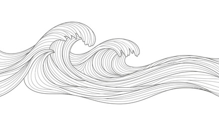 Fototapeta premium Stylized black and white illustration of two large ocean waves with intricate linear patterns, creating a sense of movement and depth.