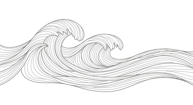 Stylized black and white illustration of two large ocean waves with intricate linear patterns, creating a sense of movement and depth.