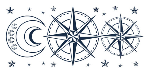 Celestial bodies and astrological symbols arranged in a circular pattern © Alone