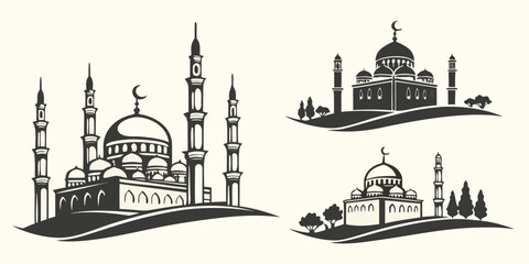 Three distinct architectural buildings with domes and minarets in a stylized illustration © Alone