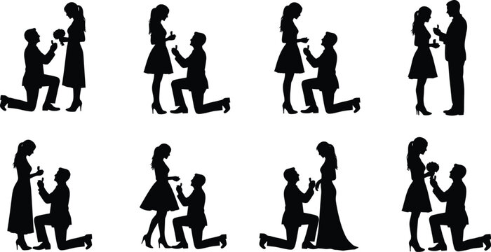 Marriage proposal silhouette set with man on bended knee proposing to woman for wedding invitations, engagement celebrations, romantic dates, love, and relationship vector designs.