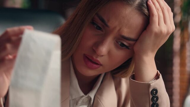 Portrait unhappy Caucasian girl business woman holding long check with high prices unpaid taxes feel headache pain head suffering female businesswoman girl executive upset with bills cost at office