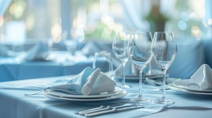 Fototapeta premium Elegant table setting with a banquet table decorated with floral arrangements in blue tones.