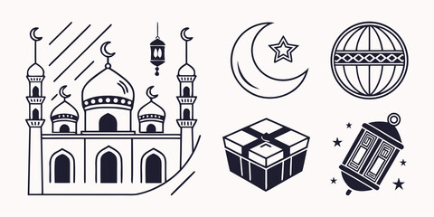 A detailed illustration of a mosque with various religious symbols and objects © Alone